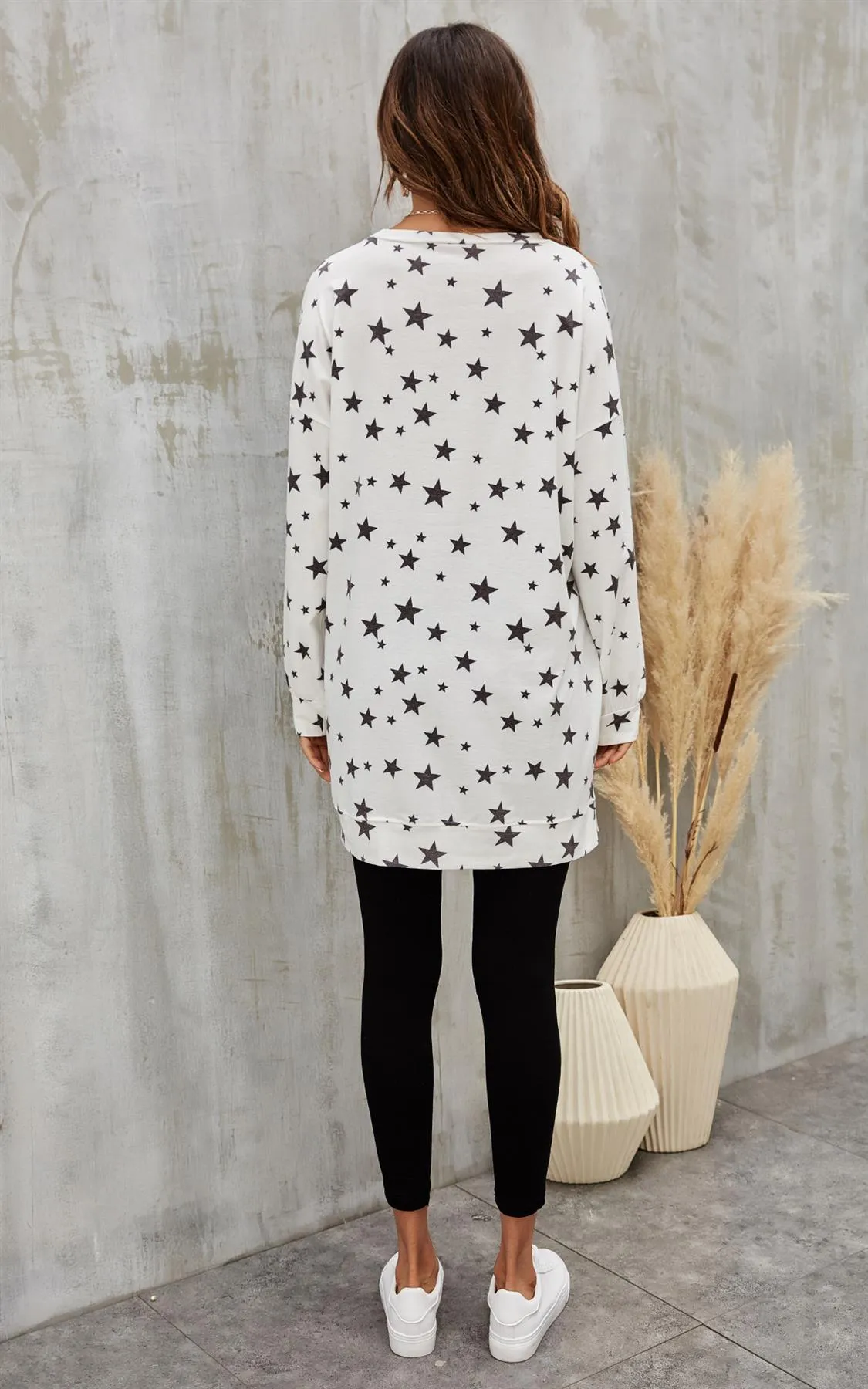 Oversized Star Print Top In White