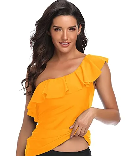 Padded One Shoulder Tankini Top Ruffle Flounce For Women-Yellow