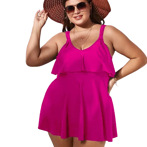 Plus Plain Pink Ruffle Hem Bikini Swimsuit