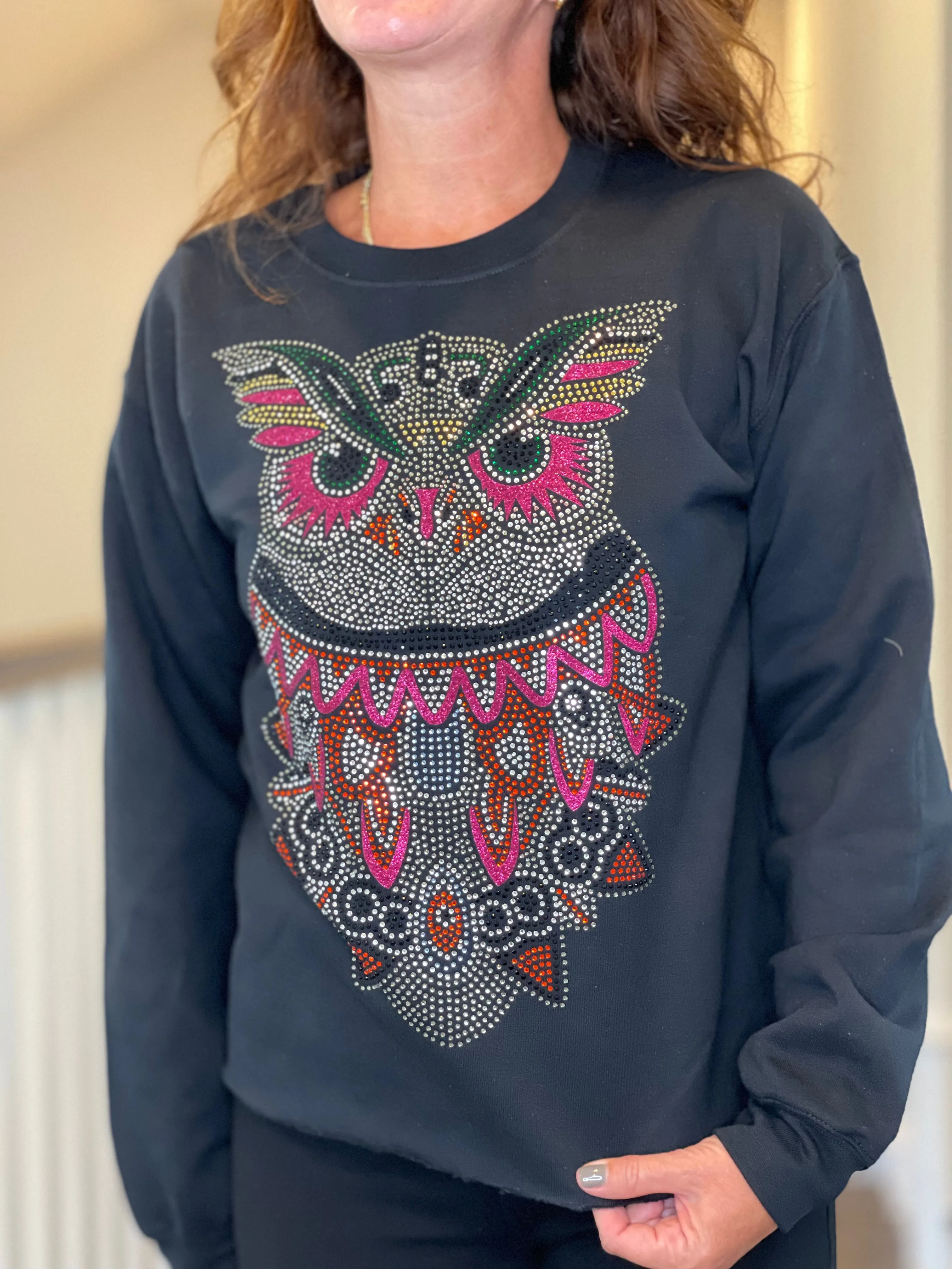 Rhinestone Owl Sweatshirt in Black