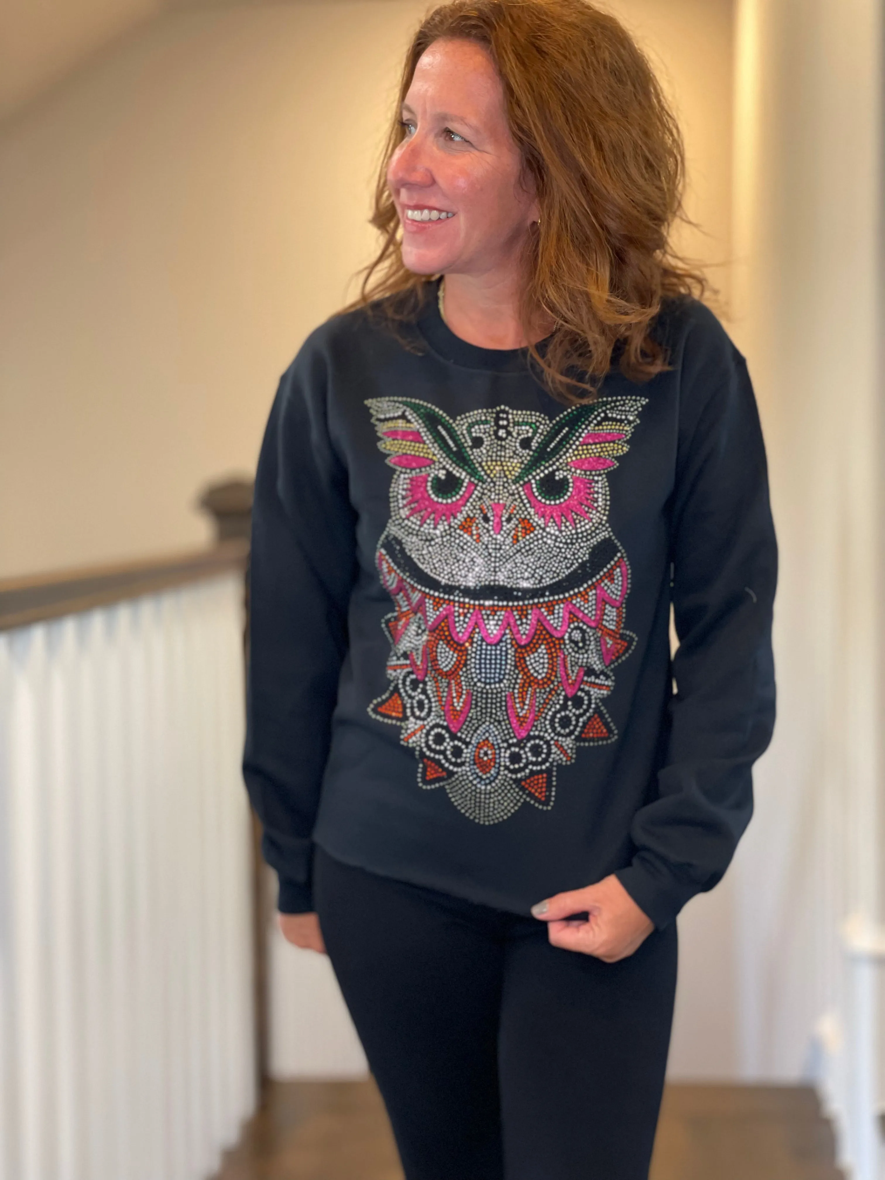 Rhinestone Owl Sweatshirt in Black