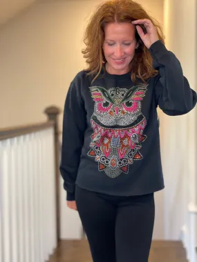 Rhinestone Owl Sweatshirt in Black