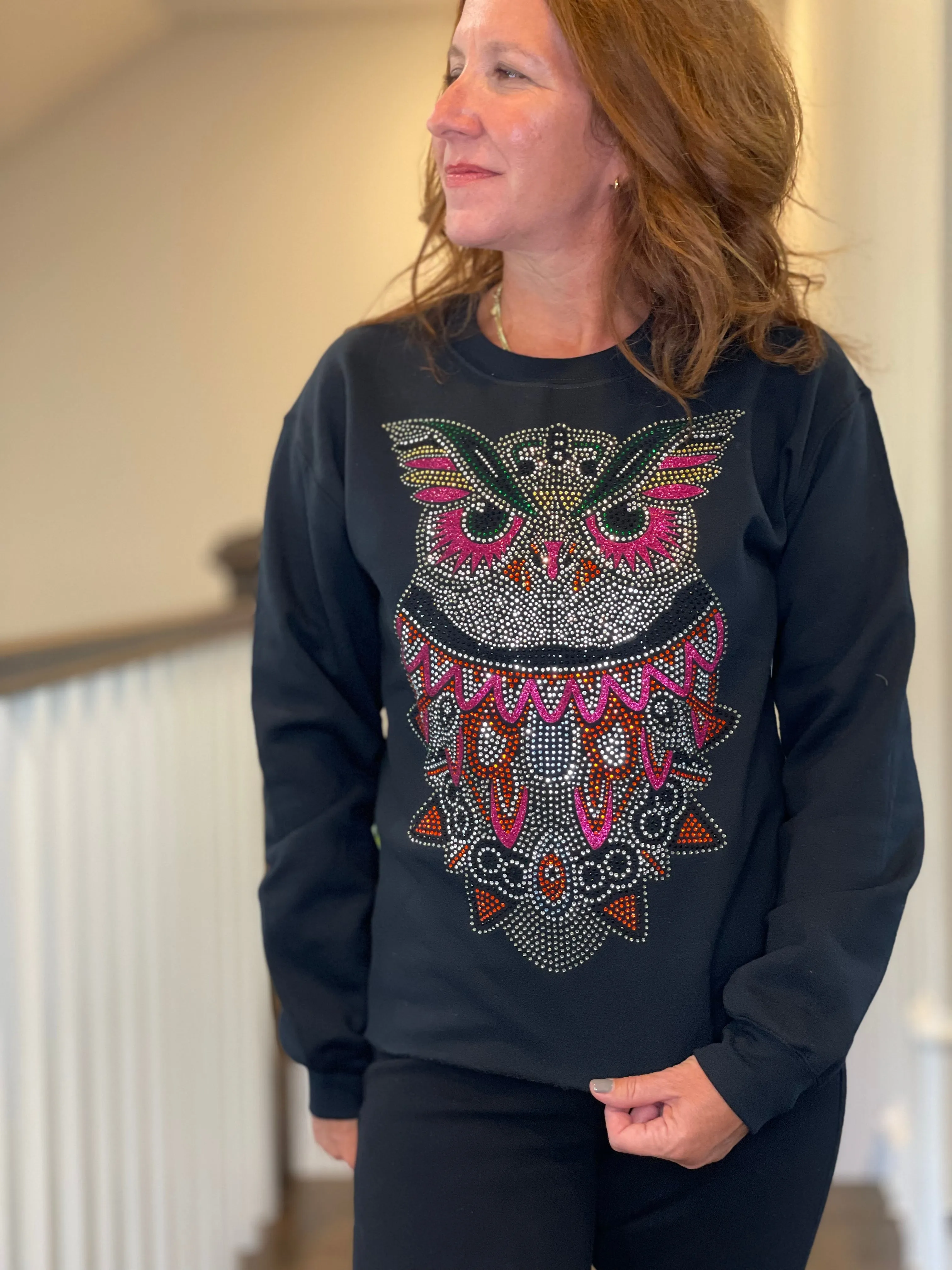 Rhinestone Owl Sweatshirt in Black