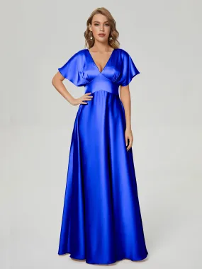 Royal Blue Bridesmaid Dresses With Sleeves Ariah Modest V Neck Short Sleeves Soft Satin Dresses