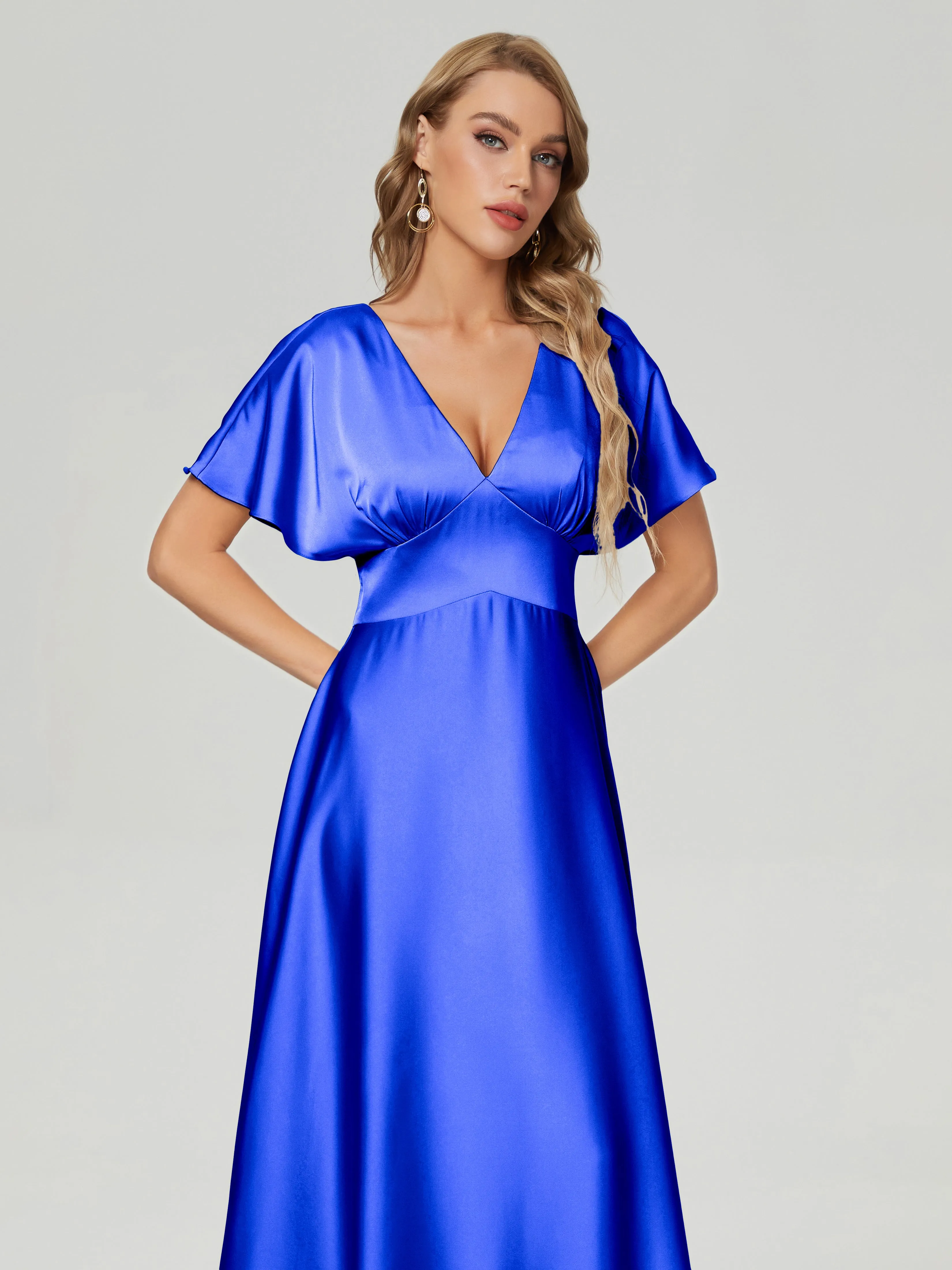 Royal Blue Bridesmaid Dresses With Sleeves Ariah Modest V Neck Short Sleeves Soft Satin Dresses