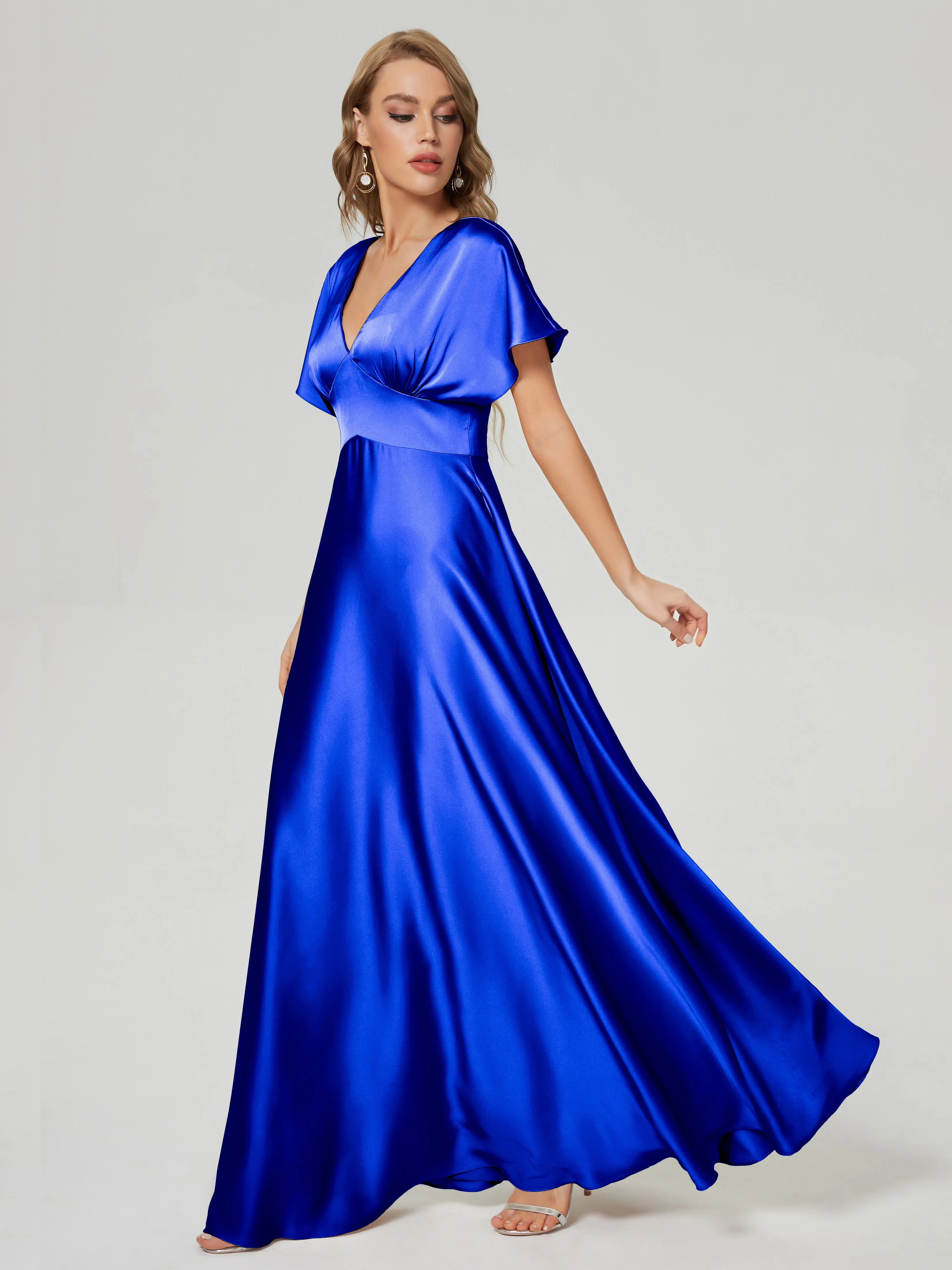 Royal Blue Bridesmaid Dresses With Sleeves Ariah Modest V Neck Short Sleeves Soft Satin Dresses