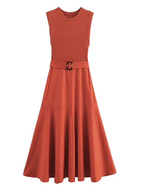 Sleeveless Terracotta Midi Dress with Belt for Stylish Outings