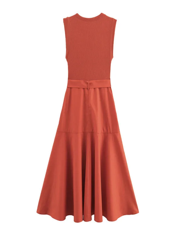 Sleeveless Terracotta Midi Dress with Belt for Stylish Outings