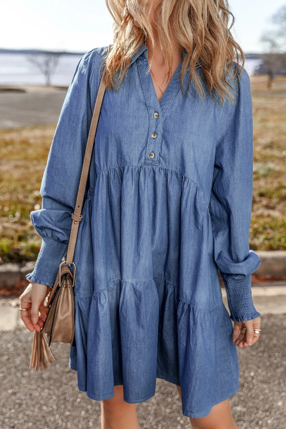 Smocked Cuff Tiered Denim Mini Dress