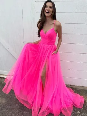 Stylish A Line V Neck Tulle Front Slit Long Prom Dresses with Pockets