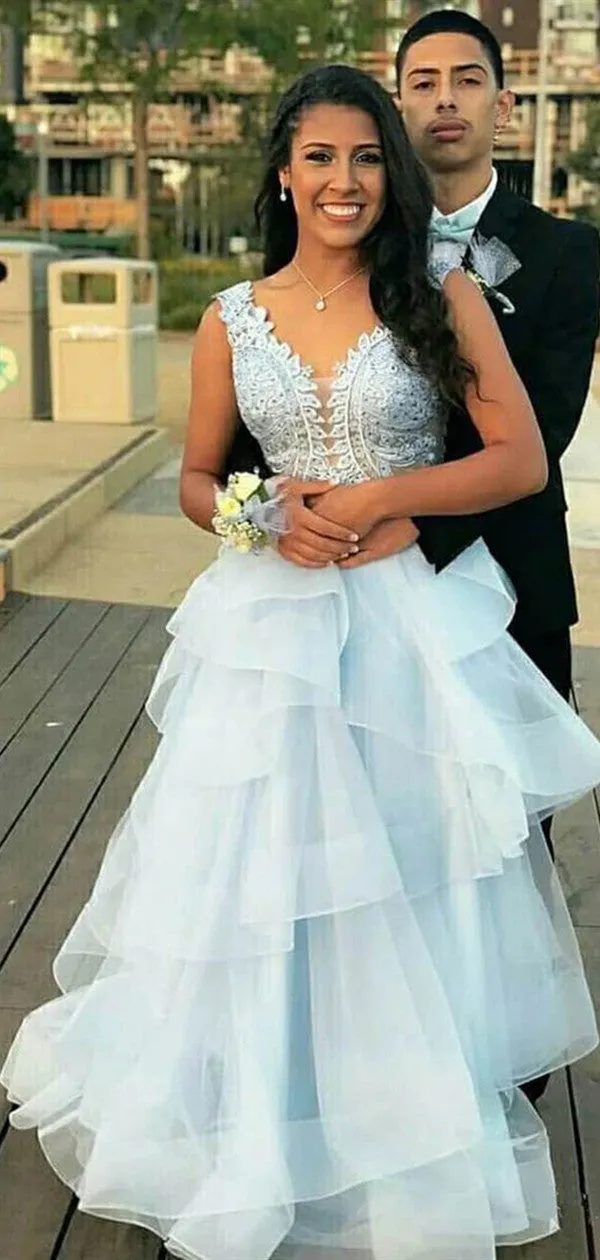 Stylish Fluffy Long Prom Dresses, Light Blue Lace Prom Dresses, New 2020 Prom Dresses