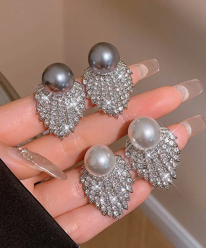 Stylish Grey Sterling Silver Alloy Pearl Zircon Stud Earrings QQ053