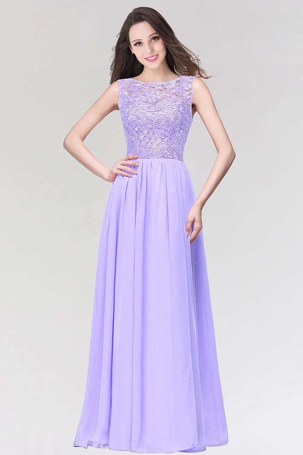 Stylish Long Chiffon Lace Sleeveless A Line Ruched Bridesmaid Dress