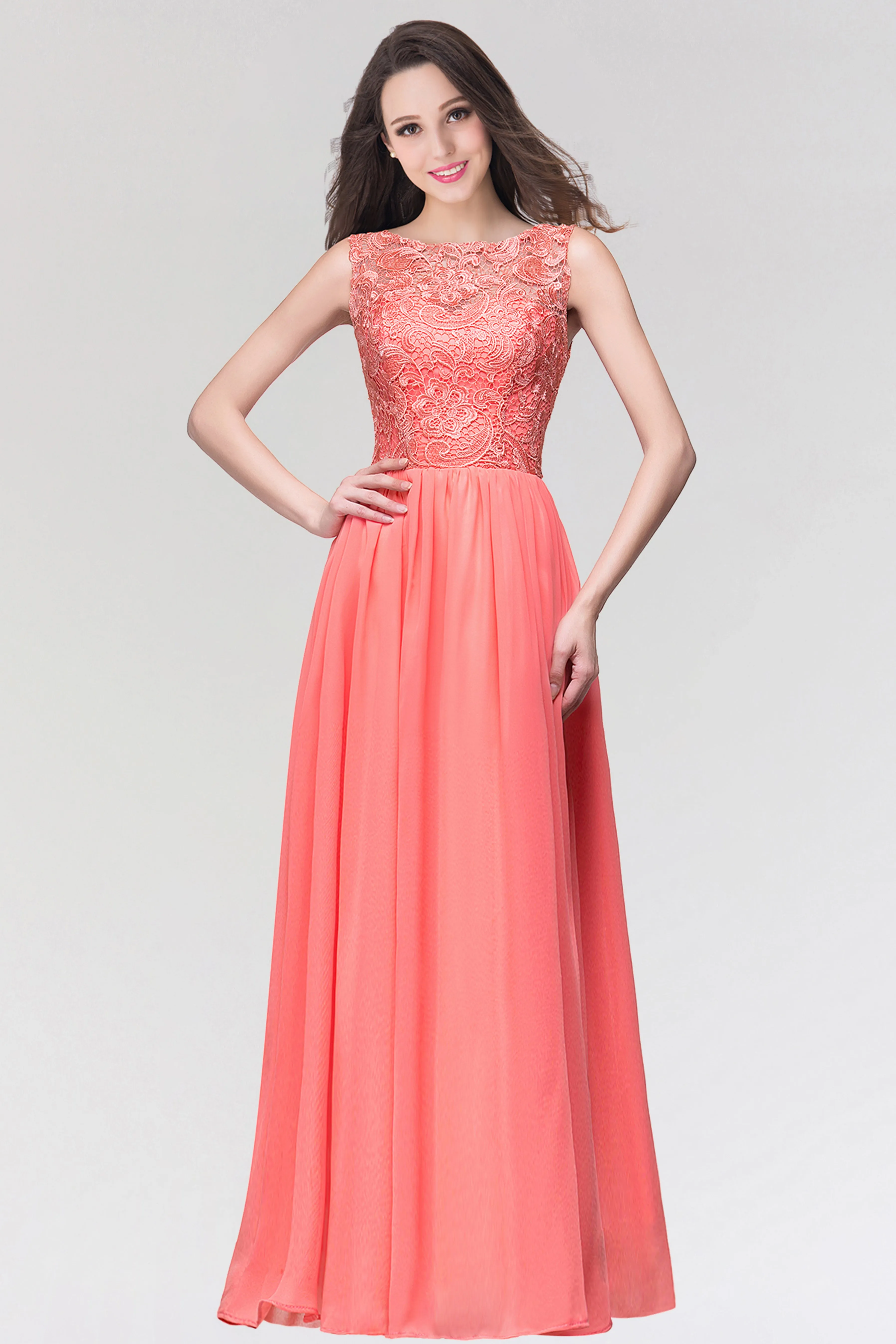 Stylish Long Chiffon Lace Sleeveless A Line Ruched Bridesmaid Dress