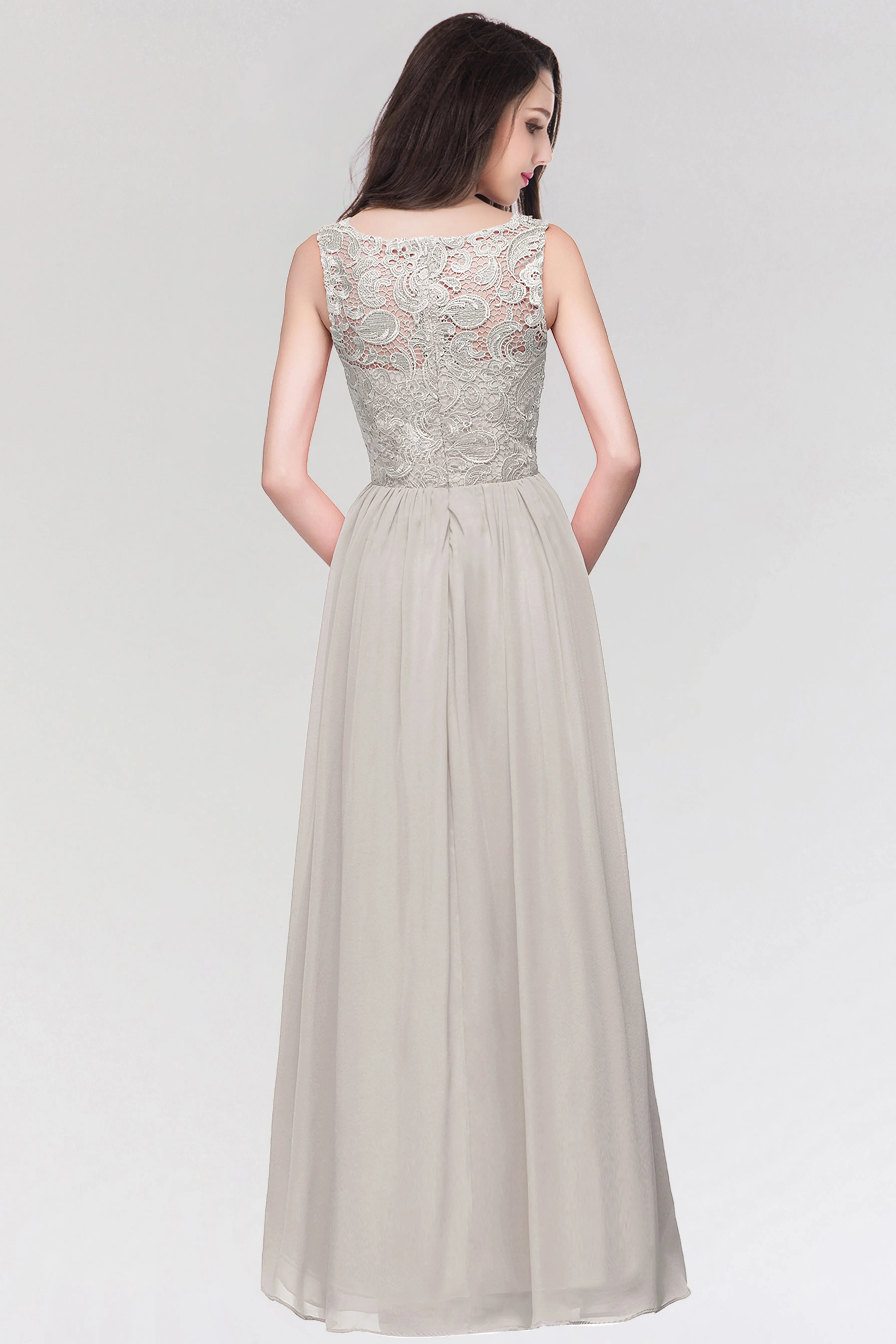 Stylish Long Chiffon Lace Sleeveless A Line Ruched Bridesmaid Dress