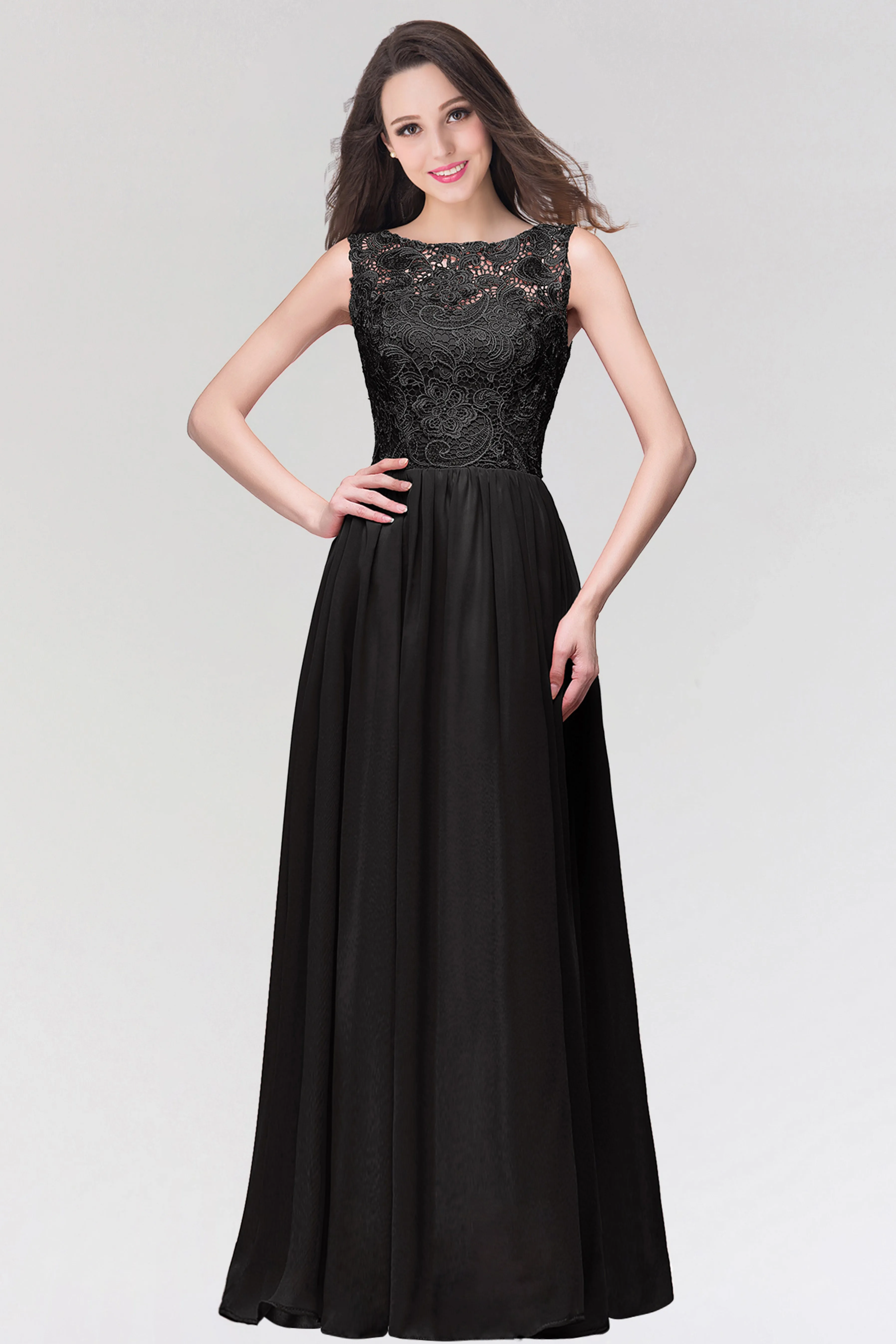 Stylish Long Chiffon Lace Sleeveless A Line Ruched Bridesmaid Dress