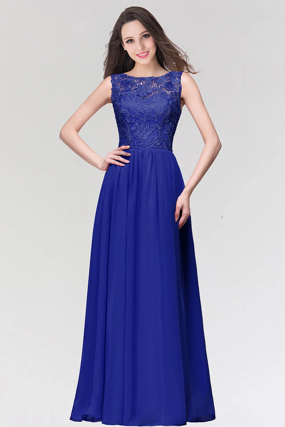 Stylish Long Chiffon Lace Sleeveless A Line Ruched Bridesmaid Dress