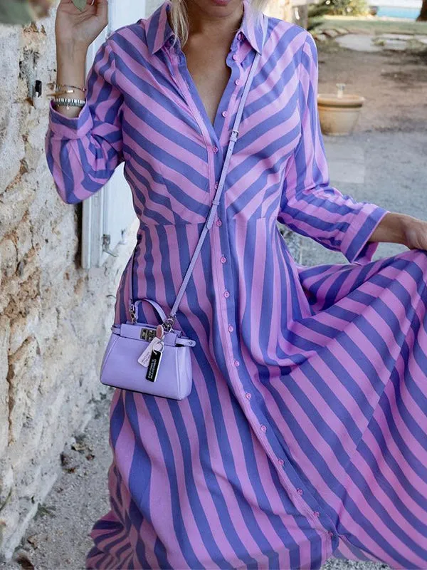 Stylish Long Sleeves Striped Lapel Collar Maxi Dresses