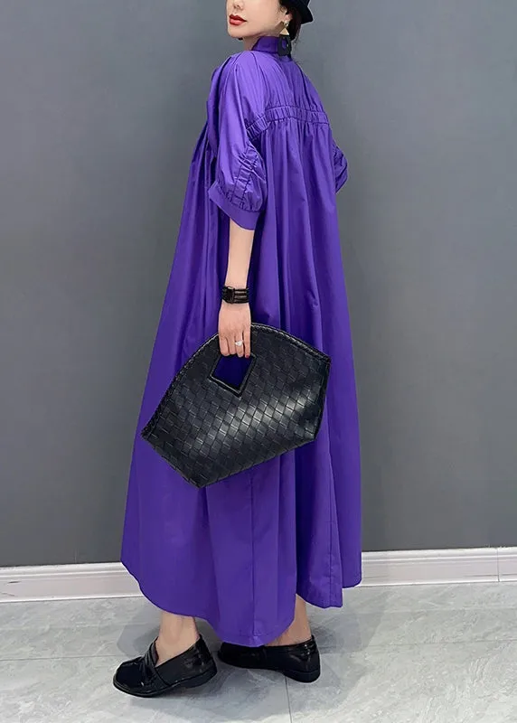 Stylish Purple V Neck Puff Sleeve Cotton Maxi Dresses LY0551