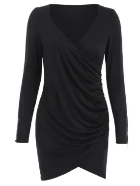 Stylish Sleeve Ruched Bodycon Dress with Zipper