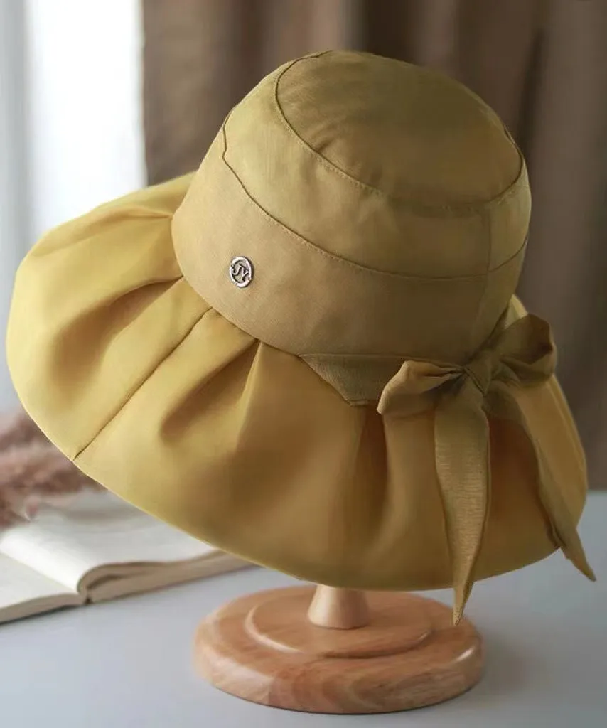 Stylish Versatile Beige Bow Wrinkled Bucket Hat II047