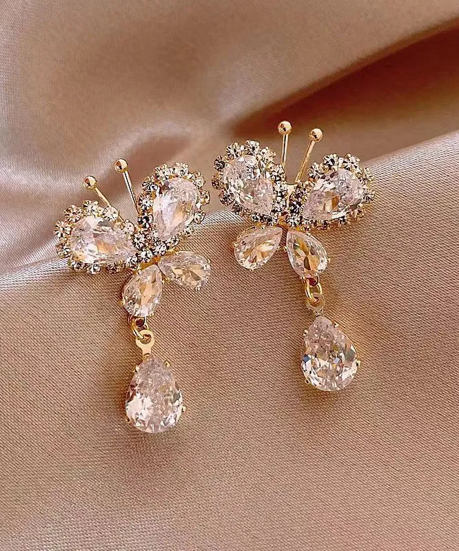 Stylish White Copper Alloy Zircon Butterfly Tassel Drop Earrings WH026