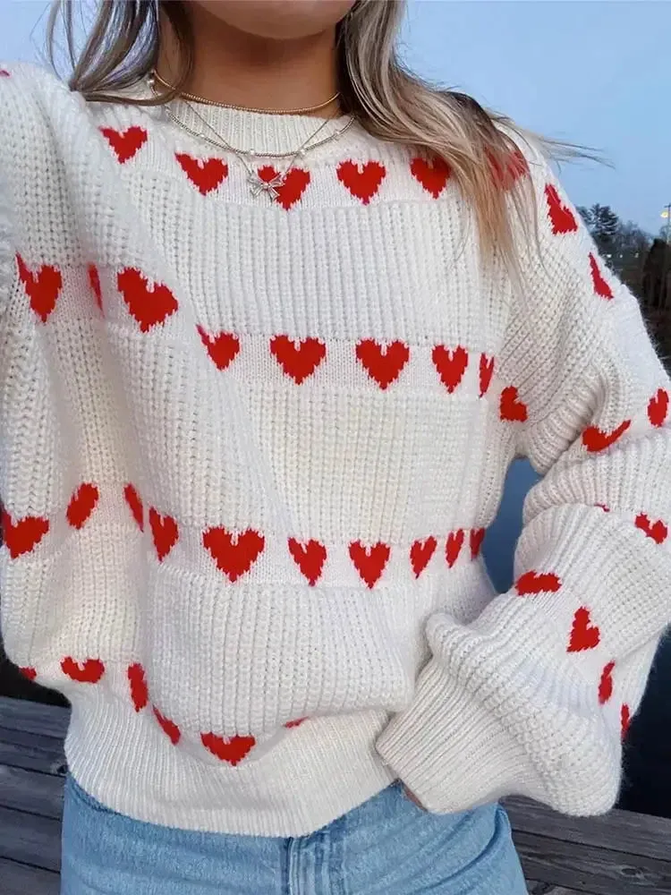 Sweet Heart Printed O Neck For Women Thick Warm Lantern Long Sleeved Sweater