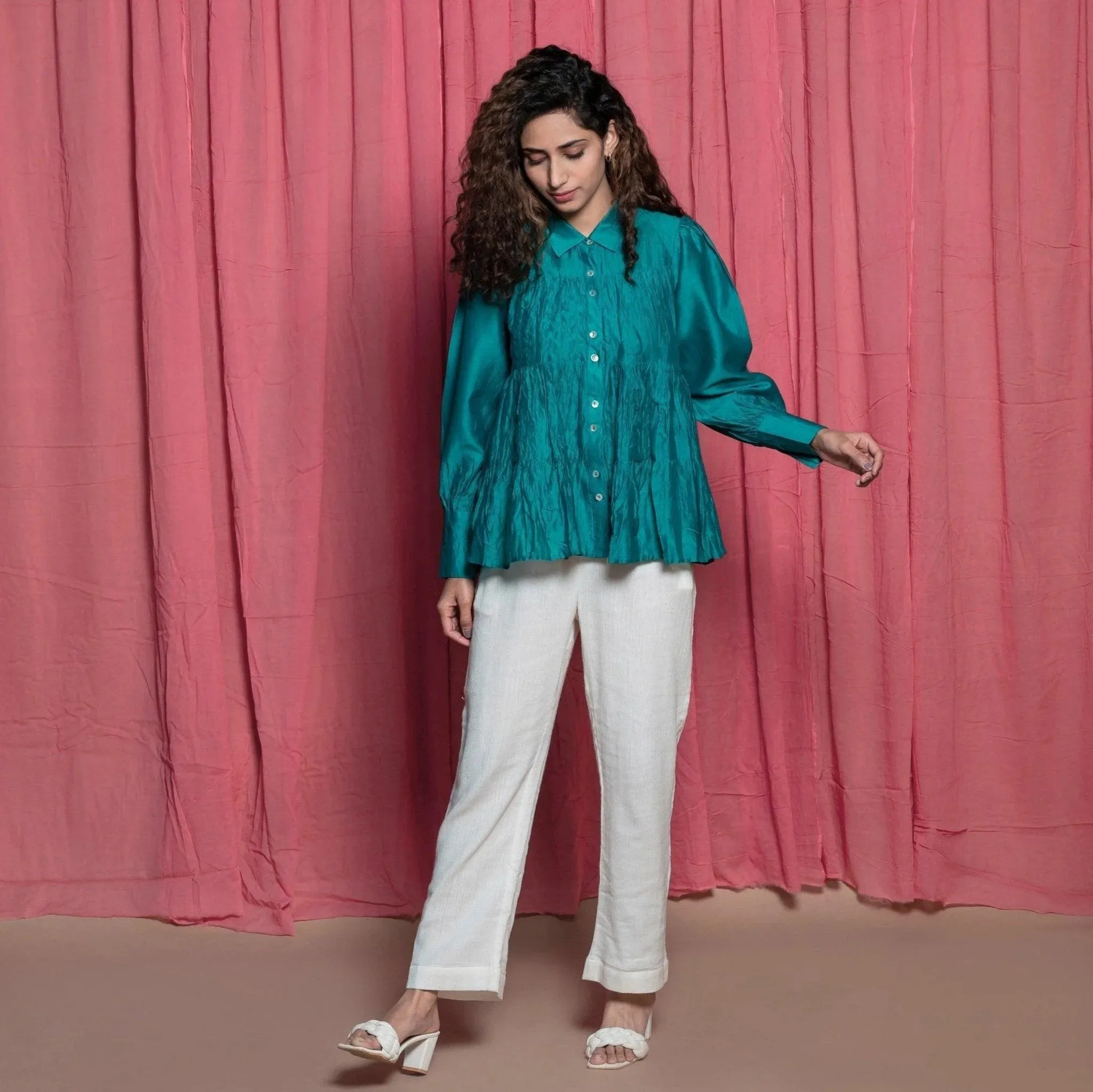 Teal Cotton Chanderi Balloon Sleeves Tier Top