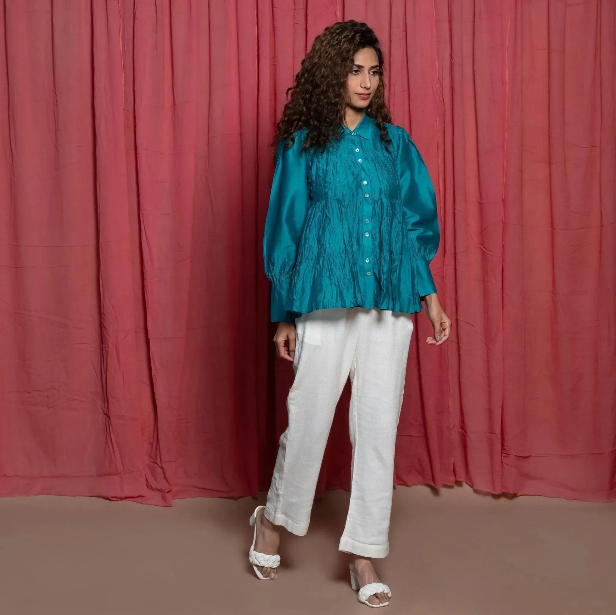 Teal Cotton Chanderi Balloon Sleeves Tier Top