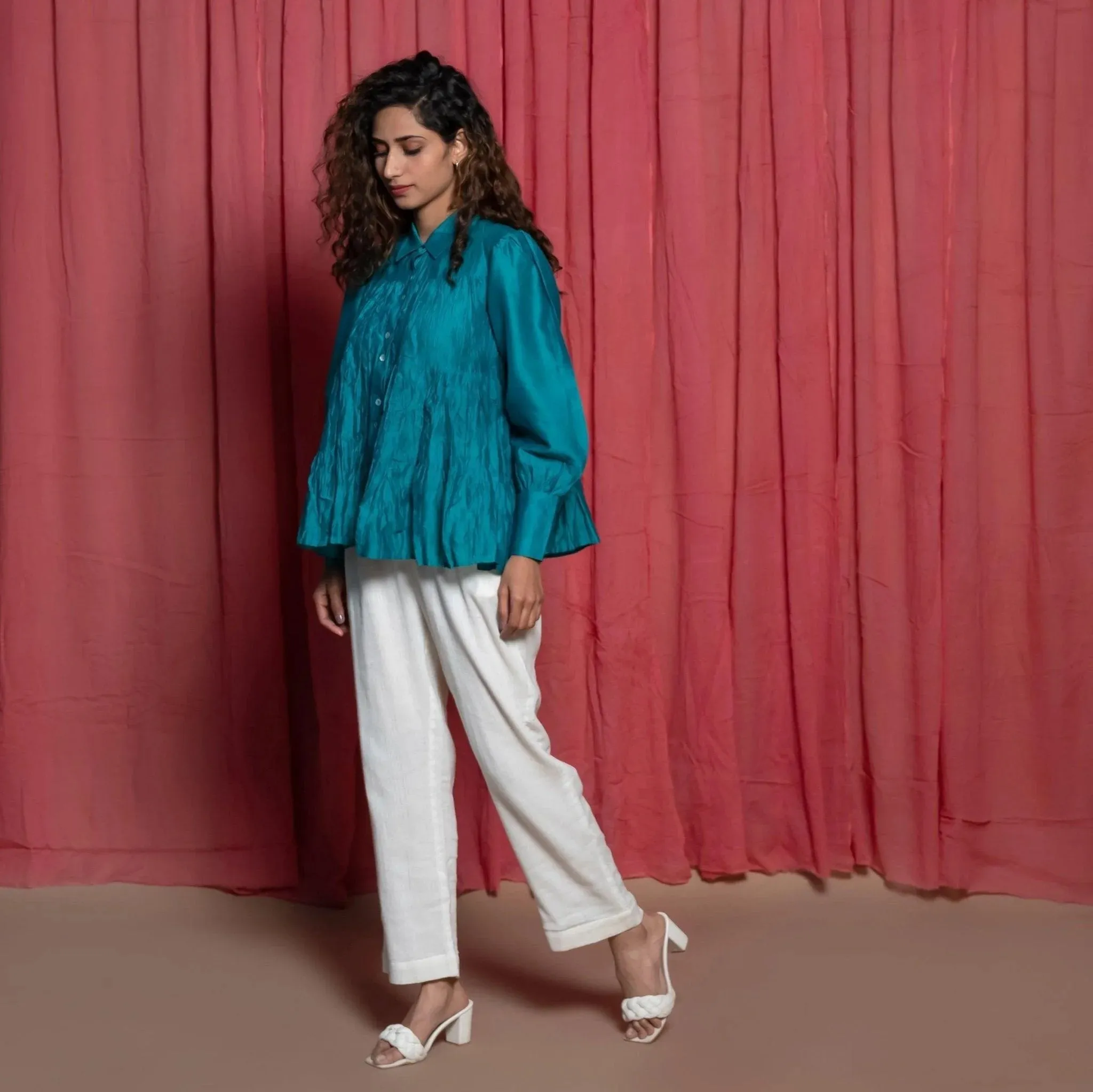 Teal Cotton Chanderi Balloon Sleeves Tier Top