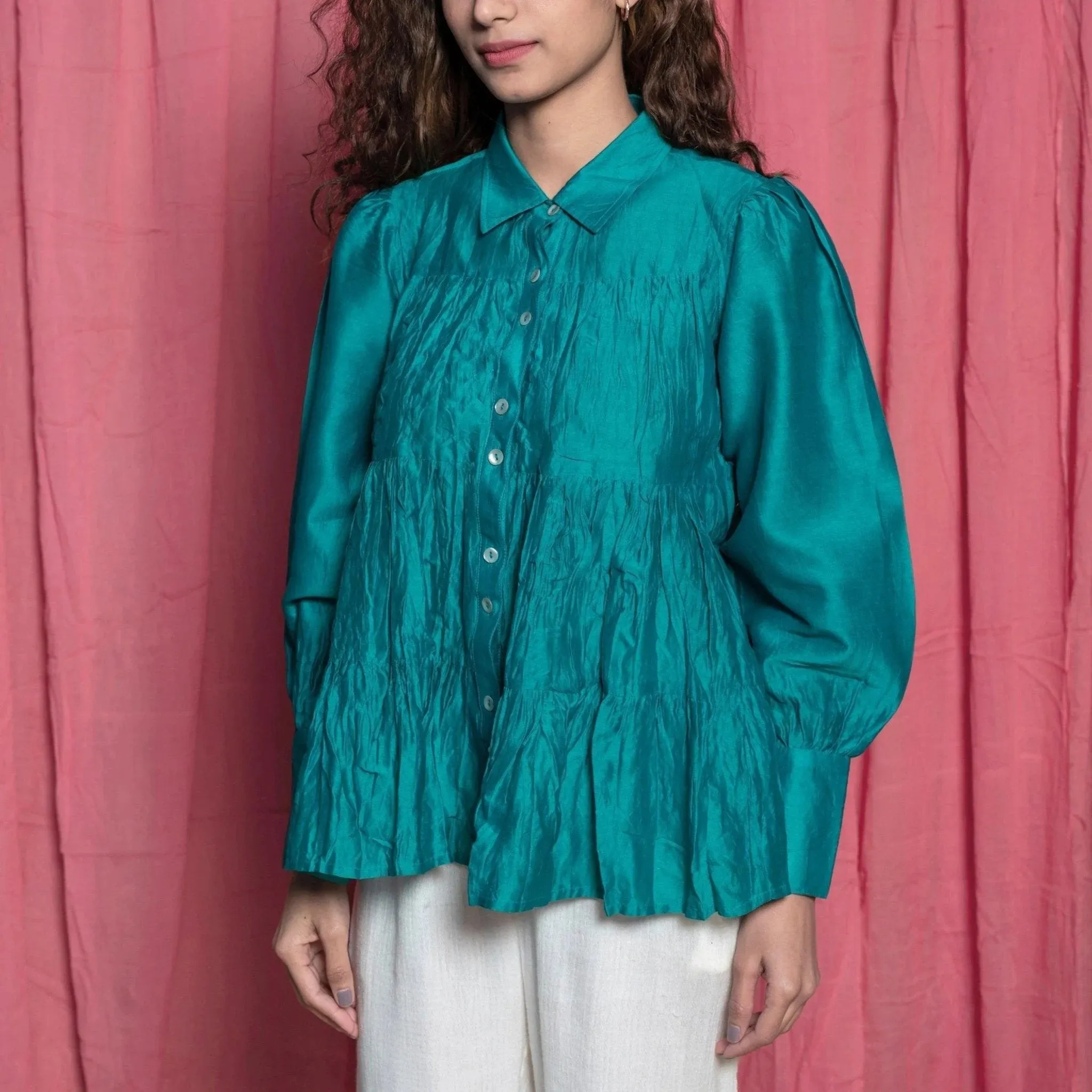 Teal Cotton Chanderi Balloon Sleeves Tier Top