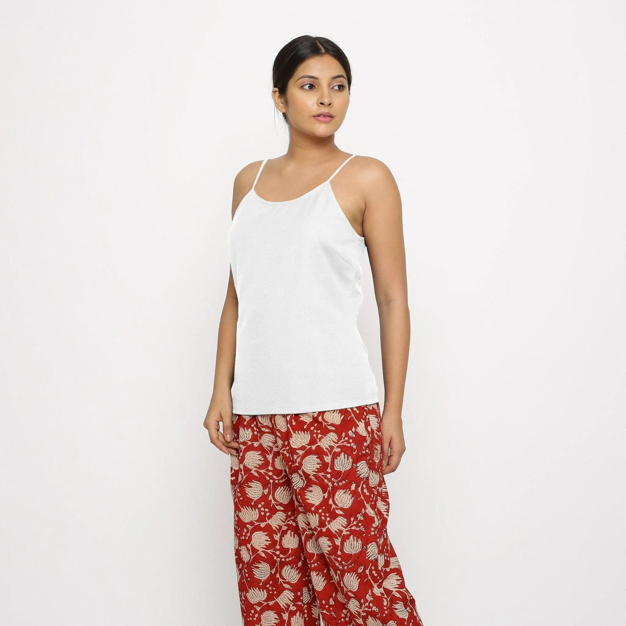 White Cotton Flax Relaxed Fit Spaghetti Top