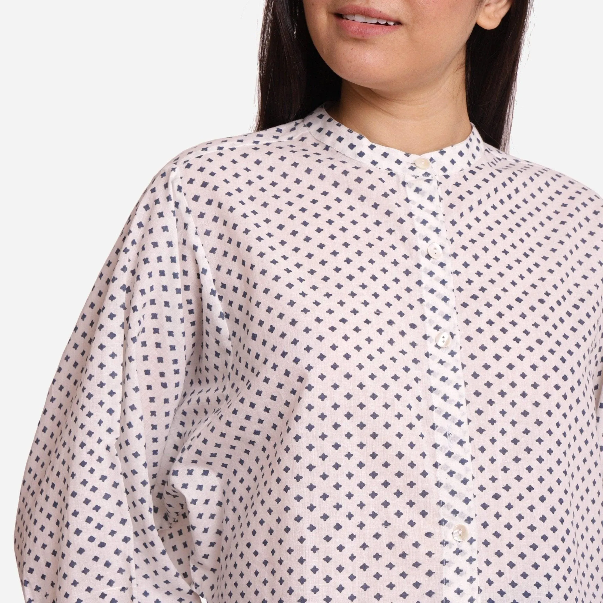 White Geometric Block Print Batwing Sleeve Cotton Shirt