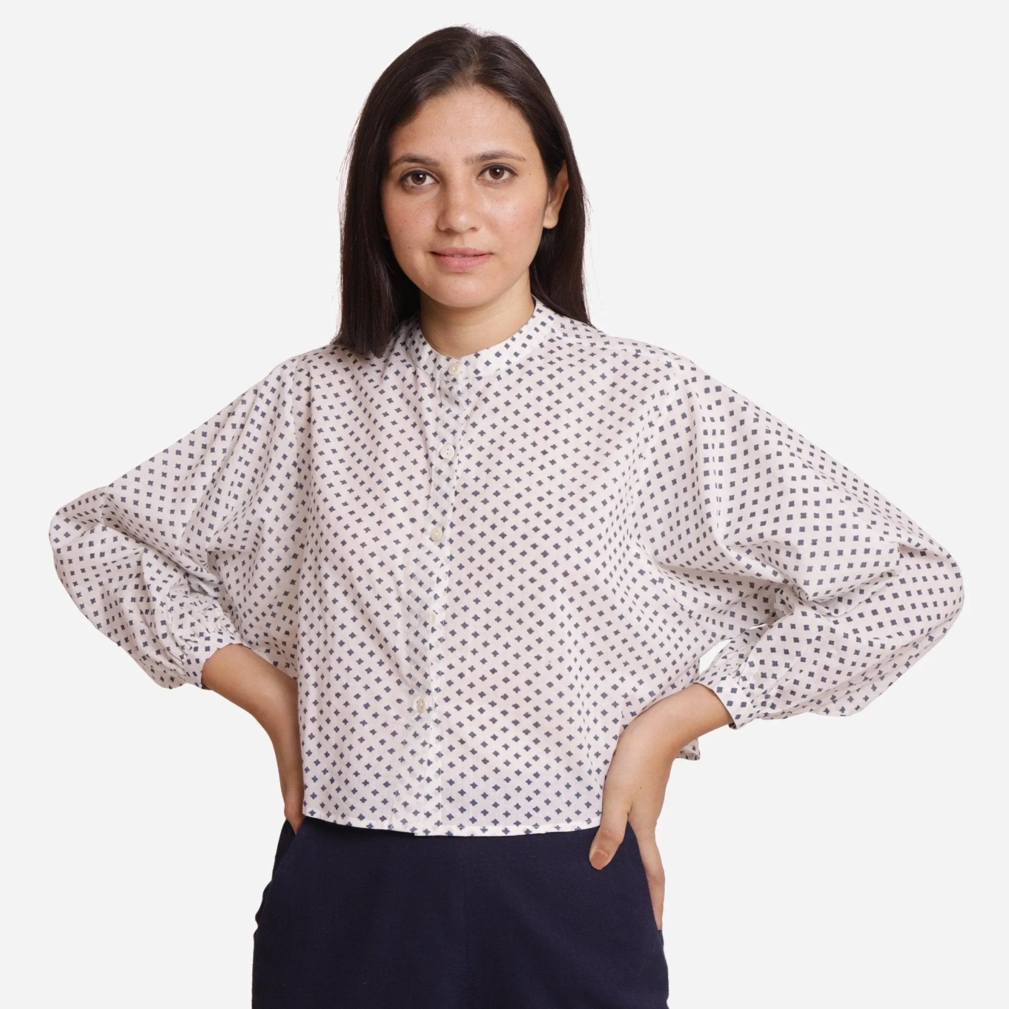 White Geometric Block Print Batwing Sleeve Cotton Shirt