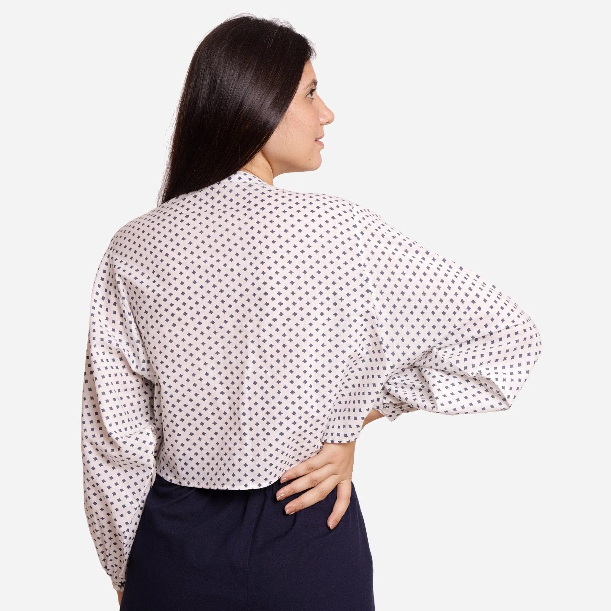 White Geometric Block Print Batwing Sleeve Cotton Shirt