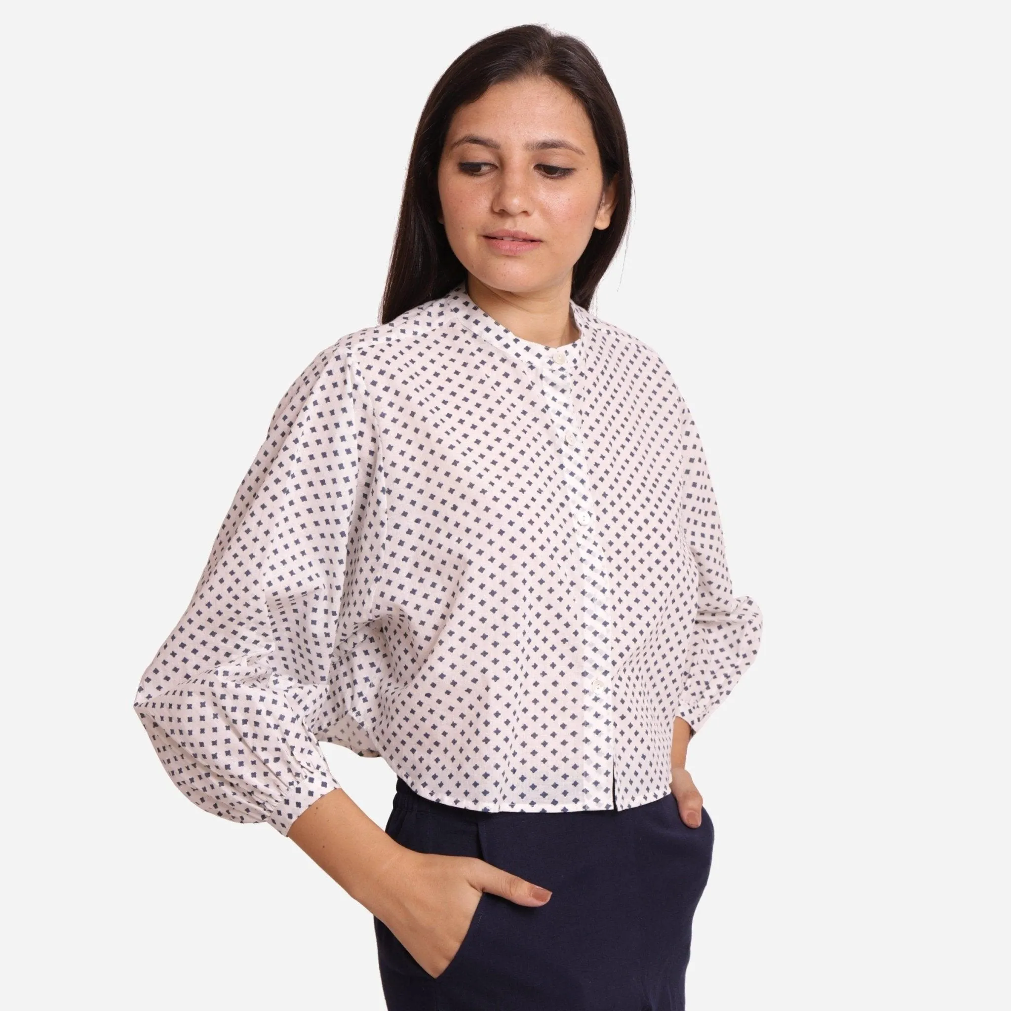 White Geometric Block Print Batwing Sleeve Cotton Shirt