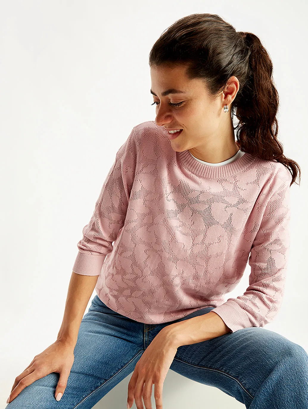 Women's Self Design Light-Pink Crew Neck Sweater