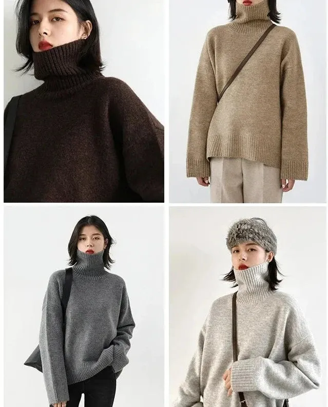 Women's Sweater Loose Turtleneck Sweaters Warm Solid Pullover Knitwear