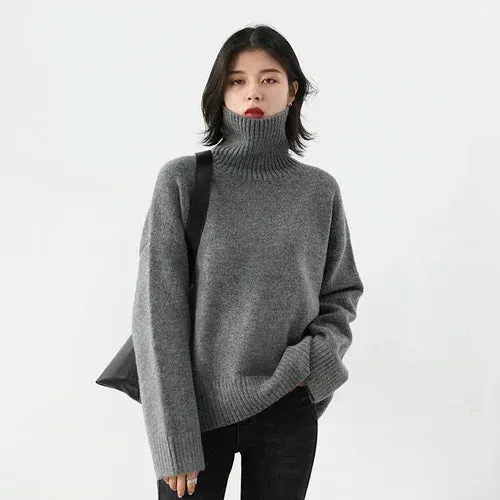 Women's Sweater Loose Turtleneck Sweaters Warm Solid Pullover Knitwear